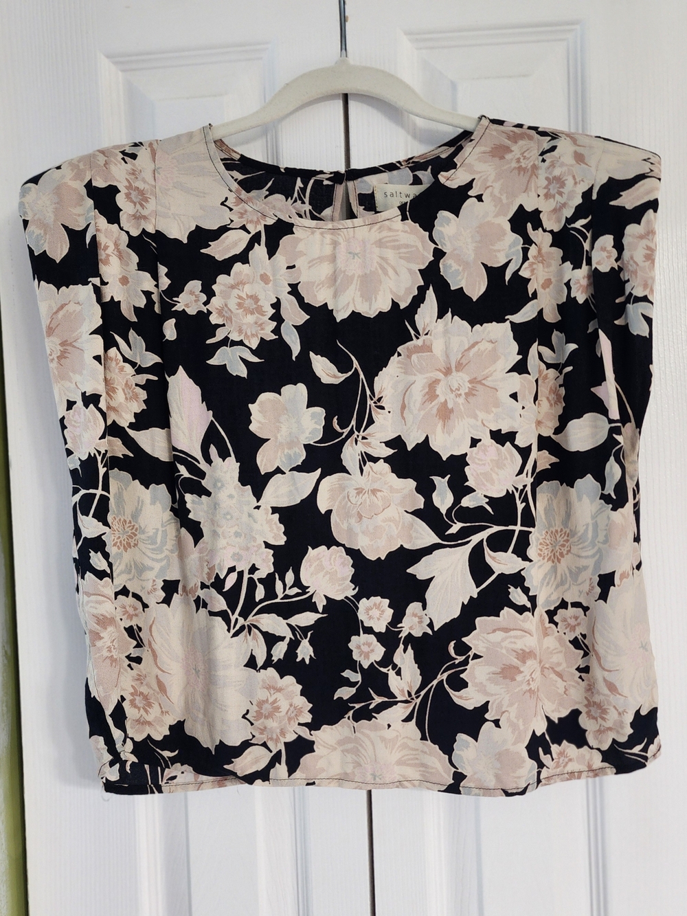saltwater LUXE Black Floral Cap-Sleeve Blouse with Blush and Cream Blooms NWT